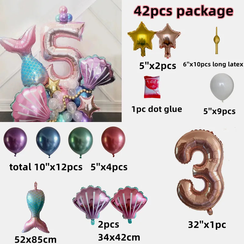 Little Mermaid Theme Party 1-9 Number Foil Balloon Set with Mermaid Tail Balloons Kids Birthday Party Decoration Supplies