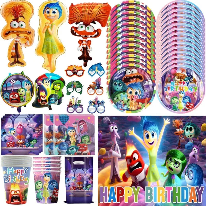 Inside Out 2 Happy Birthday Party Decoration Cartoon Theme Tableware Kit Balloons Joy Sadness Supplies Kids Boy Girl Gift Toys