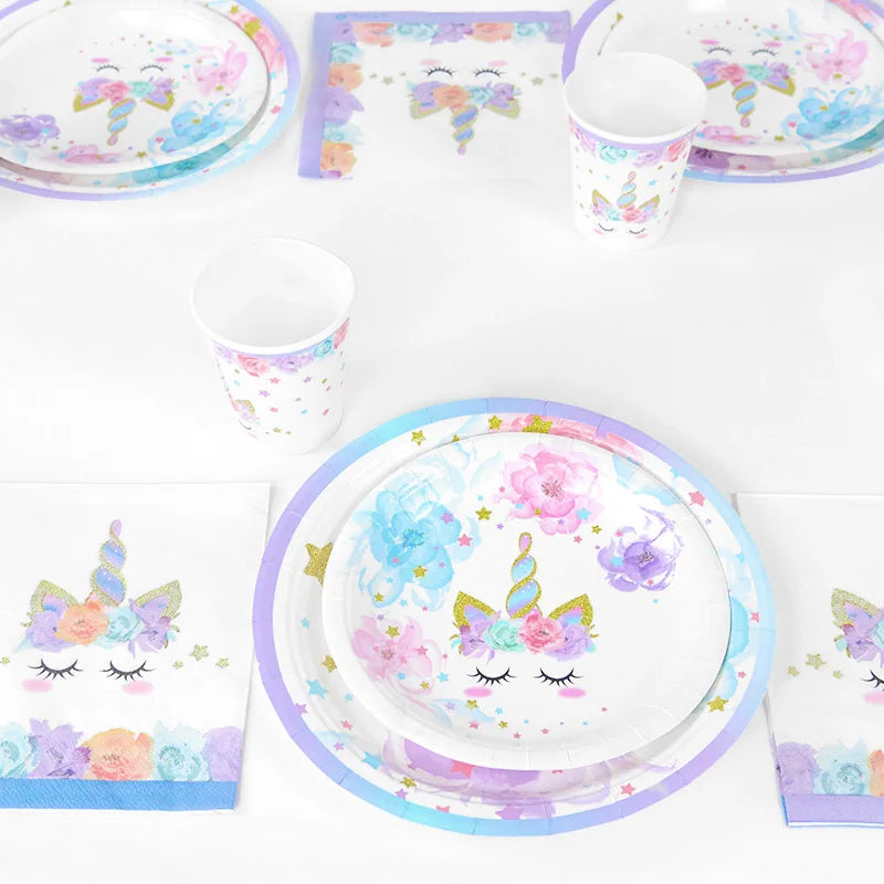 48Pcs/Set Unicorn Theme Birthday Disposable Tableware Set Paper Plates Napkins Cups Birthday Party Decoration Kids Favors Gift