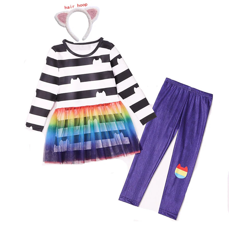 Gabby Cats Baby Girls Summer Gabby's Dollhouse Dress Rainbow stripe Kids Cosplay Princess Toddler Birthday Party Dresses+wig