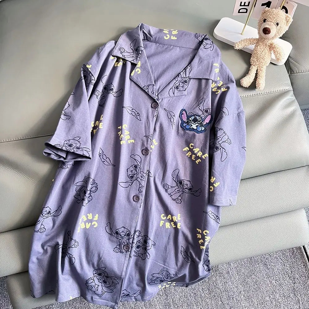 Cartoon Stitch Korean version ins couple pajamas, cute personality, comfortable summer cotton shorts, cardigan, loungewear set