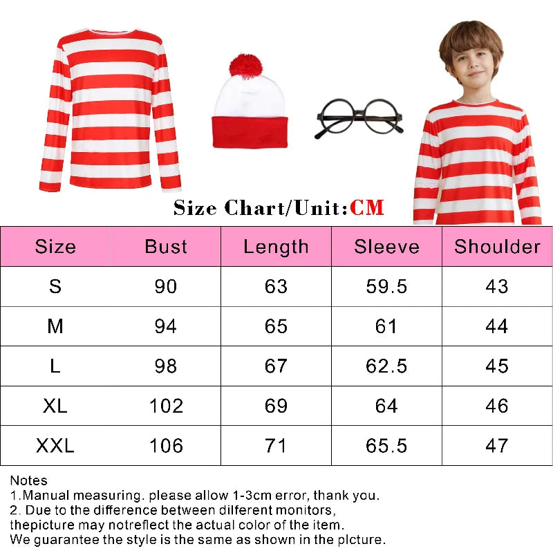 Classic Wheres Waldo Red White Striped Shirt for Men Wally Round Glasses and Hat Costume Set Unisex Halloween Cosplay Outfit