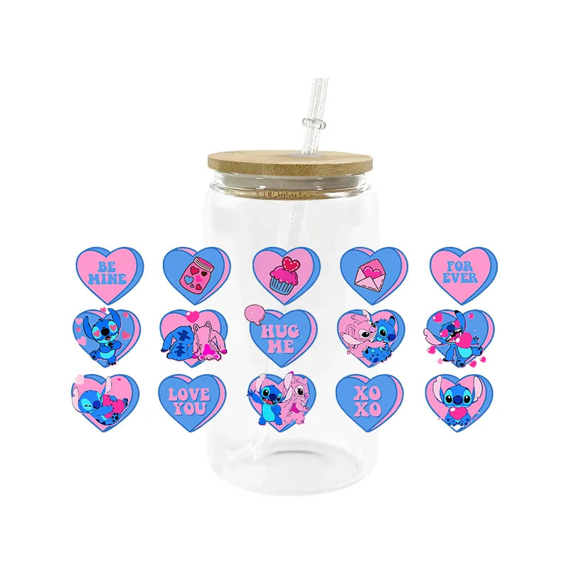 Miniso Stitch 16oz UV DTF Cup Wrap Cartoon Transfers Libbey Wrap Tumbler DIY Logo Sticker Glass Can Selfadhesive Waterproof