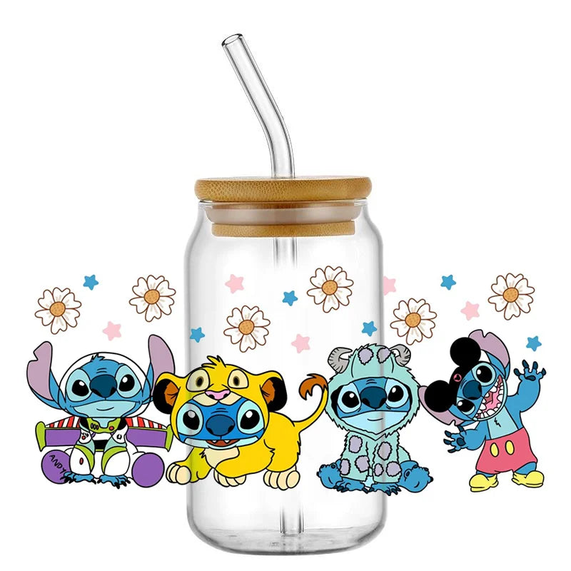 Miniso Stitch 16oz UV DTF Cup Wrap Cartoon Transfers Libbey Wrap Tumbler DIY Logo Sticker Glass Can Selfadhesive Waterproof