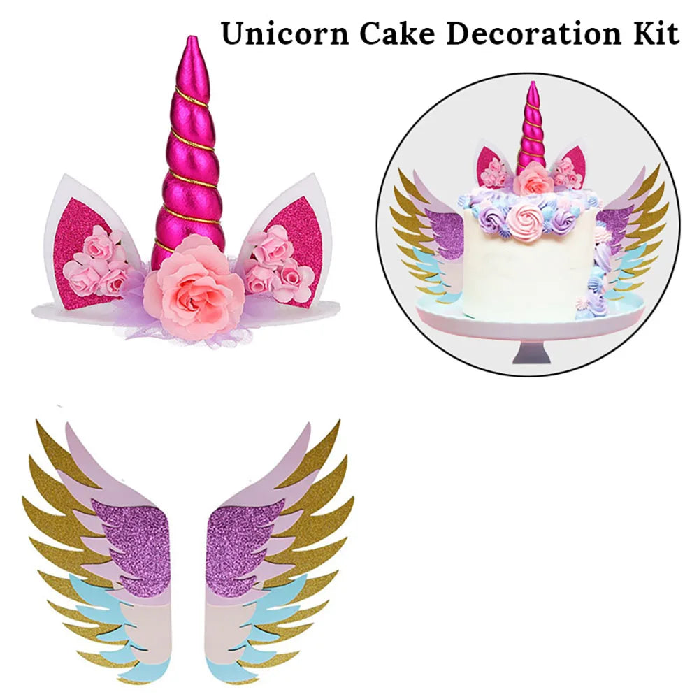 Unicorn Cake Toppers Rainbow Unicorn Horn Wings Girl Birthday Party DIY Decoration Cupcake Wrapper Unicorn Theme Party Supplies