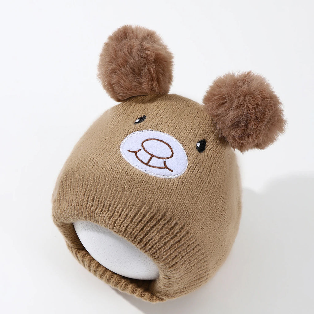 Cute Bear Beanie Cap for Baby Boy Girl Cartoon Pompom Warm Knitted Hat Neck Cover Autumn Winter Toddler Ear Protection Caps