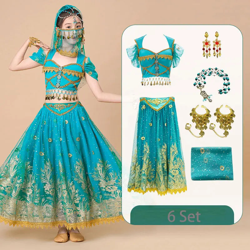  Kids India Princess Belly Dance Set Oriental Indian Dance Sari Girl Performance Costume Bollywood Children Stage Outfit