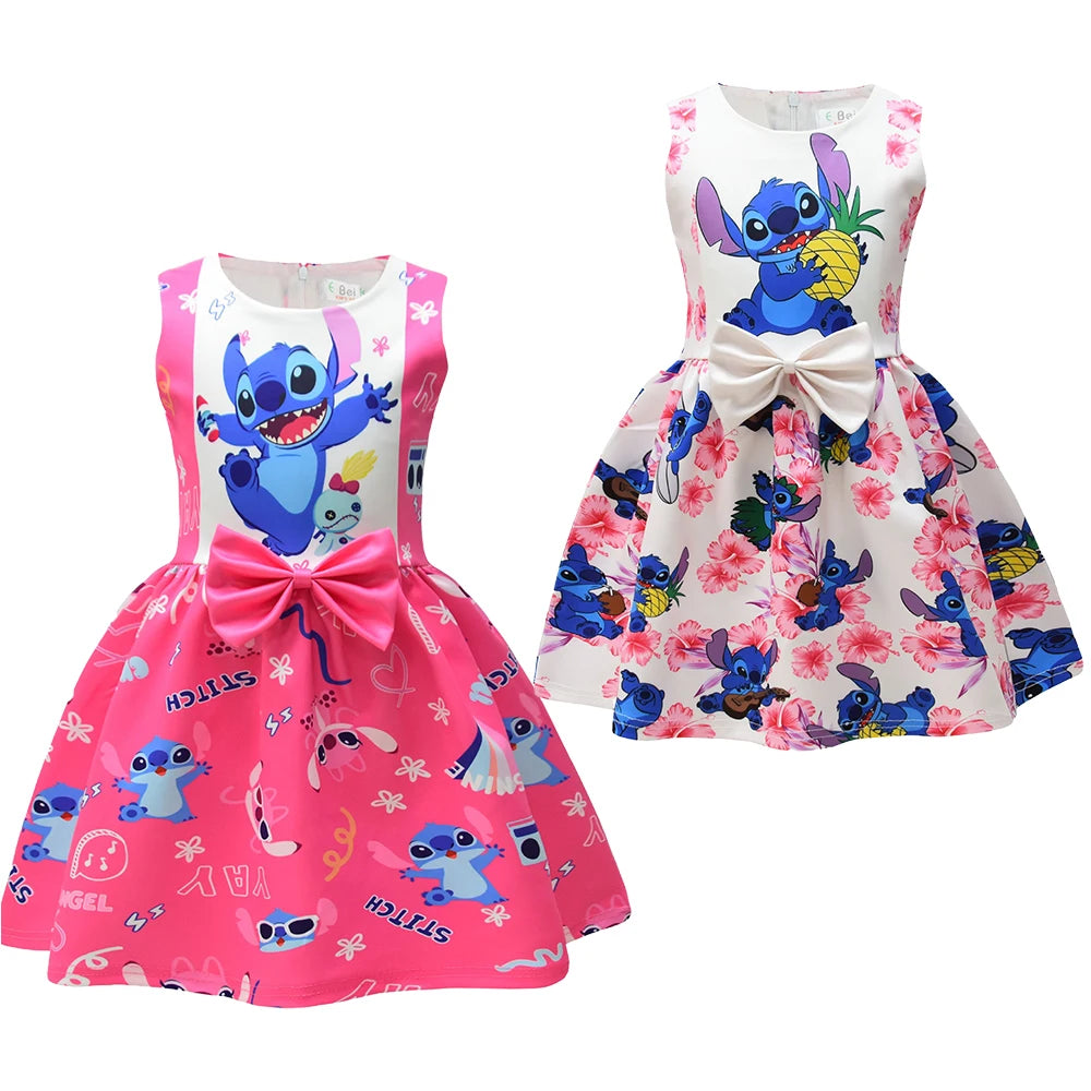 Lilo and Stitch Dress Summer Sweet Cute Animated Movie Stitch Printed Bow Tutu Skirt Kids Girls Birthday Party Princess Costumes