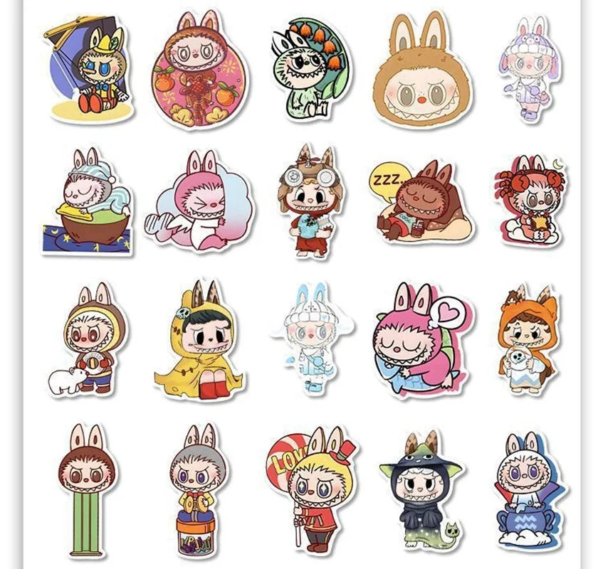 80Pcs 2024 New Labubu Monster Cartoon Waterproof Stickers Pack Cute Water Bottle Laptop Skateboard Scrapbook Anime Accessories