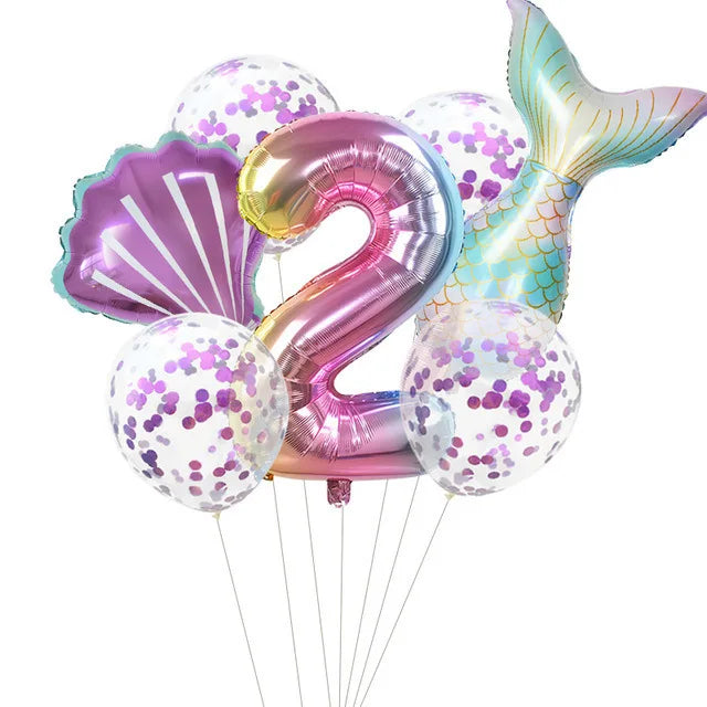 7 Pcs Little Mermaid Shell Balloons 32inch Number Foil Balloon Kids Birthday Party Decoration Supplies Baby Shower Decor Globos