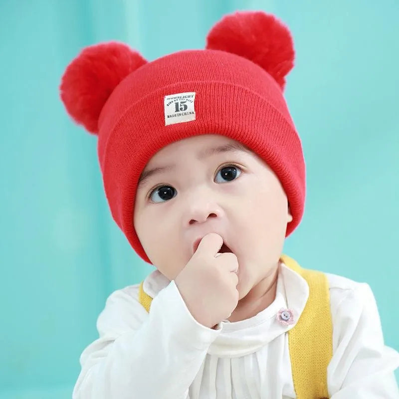 Winter Children Warm Baby Knitted Hats with Pom Pom Kids Knit Beanie Hats Solid Color Children's Hat for Boys Girls Accessories