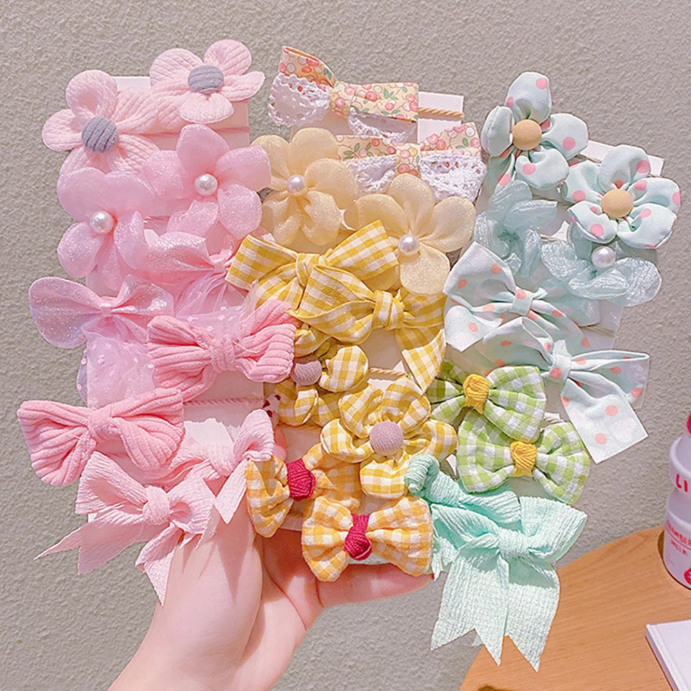 10pcs Cute Flower Hair Ties Set Kids High Elastic Mixed Cloth Plaid Bow Charms Hair Loop For Toddler Girls Princess Headwear