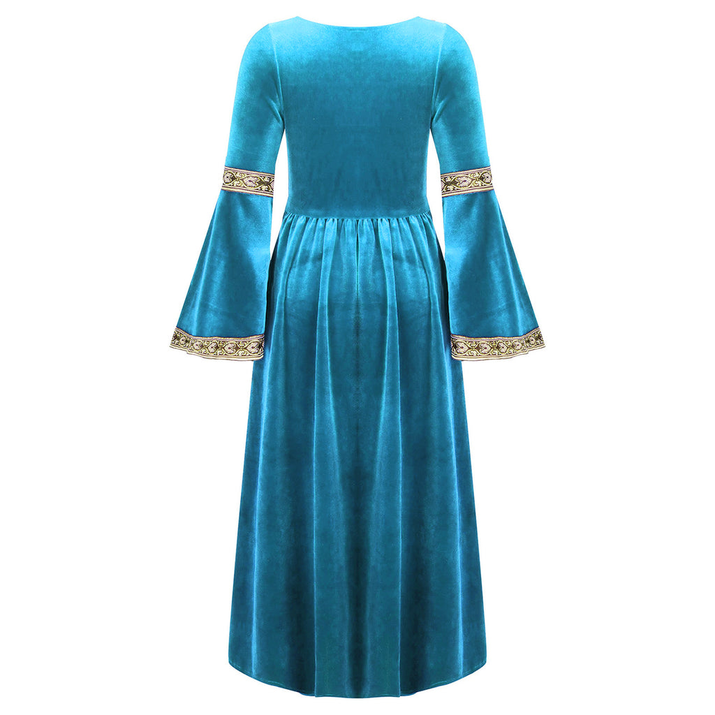 Kids Girls Medieval Renaissance Princess Costume Velvet Long Flare Sleeve Vintage Dress Gown Carnival Party Cosplay Dress Up