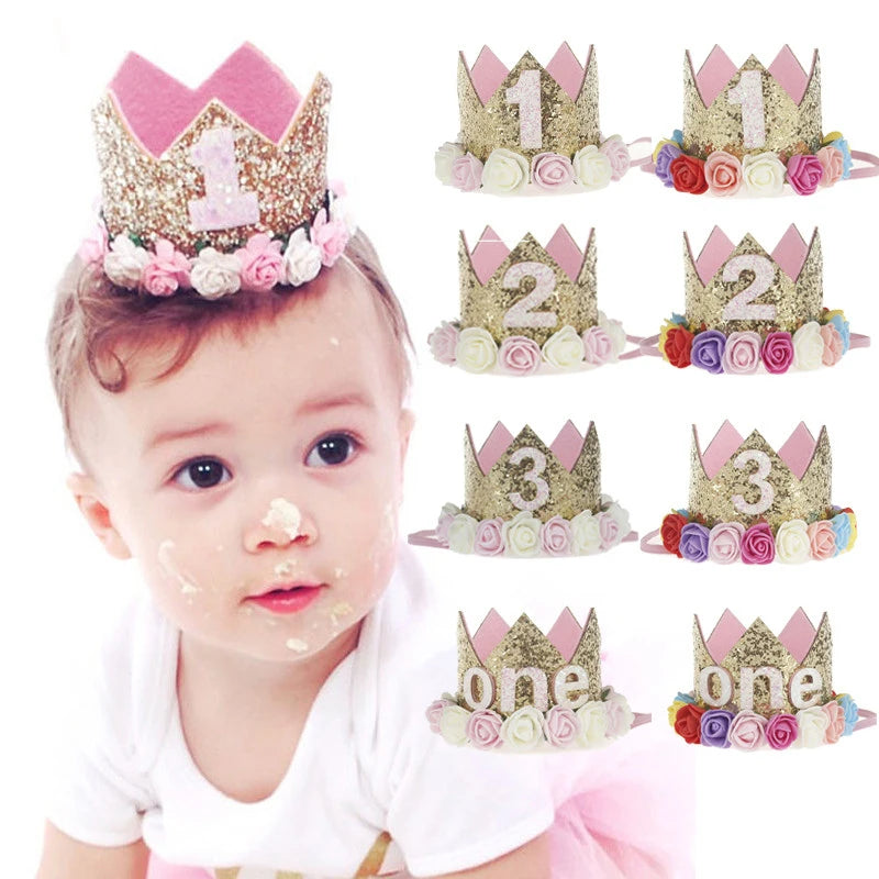 Baby Birthday Decoration Girl 1 2 3 Years Crown Hat Pink White Flower Sequins Crown 1st birthday Photo Prop Happy Birthday Gifts