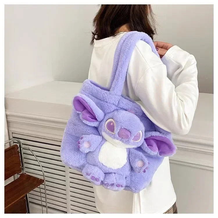 MINISO 2024 New Cartoon Plush Doll Shoulder Bag Sweet and Cute Stitch Strawberry Bear Soft Cute Girls Handbag