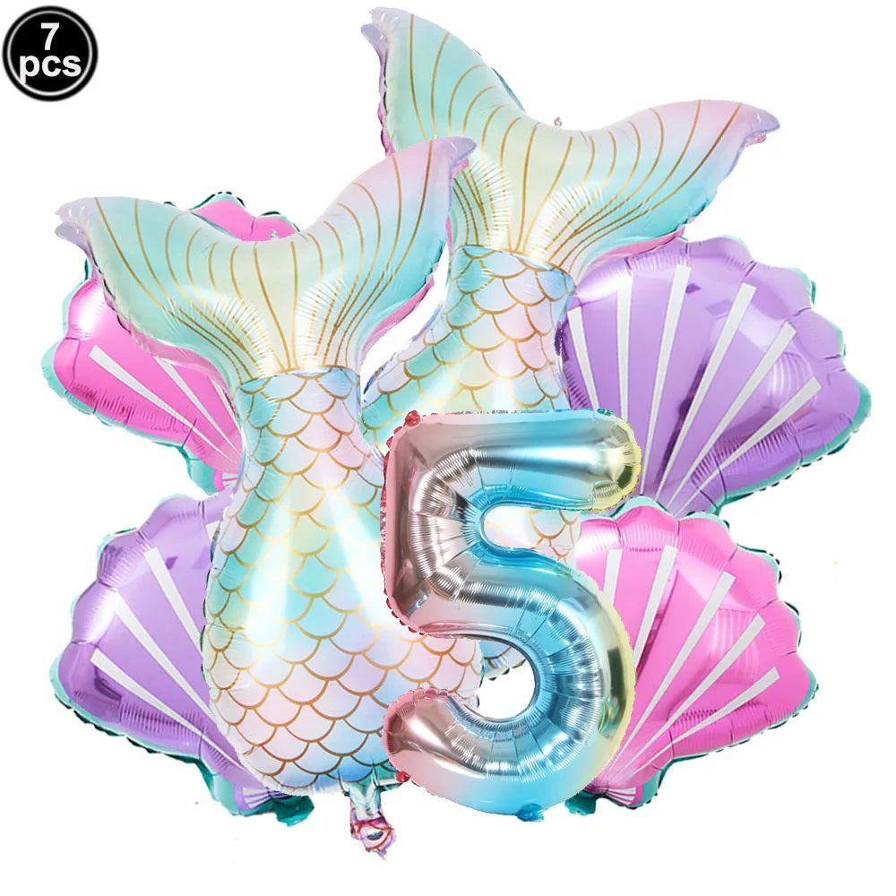 Mermaid Birthday Decorations 7 Pcs Mermaid Foil Balloon Mermaid Tail Balloon Mermaid Decor for 1st-9th Birthday Party Baby Showe