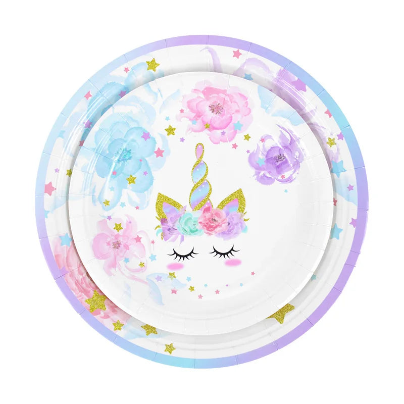 48Pcs/Set Unicorn Theme Birthday Disposable Tableware Set Paper Plates Napkins Cups Birthday Party Decoration Kids Favors Gift