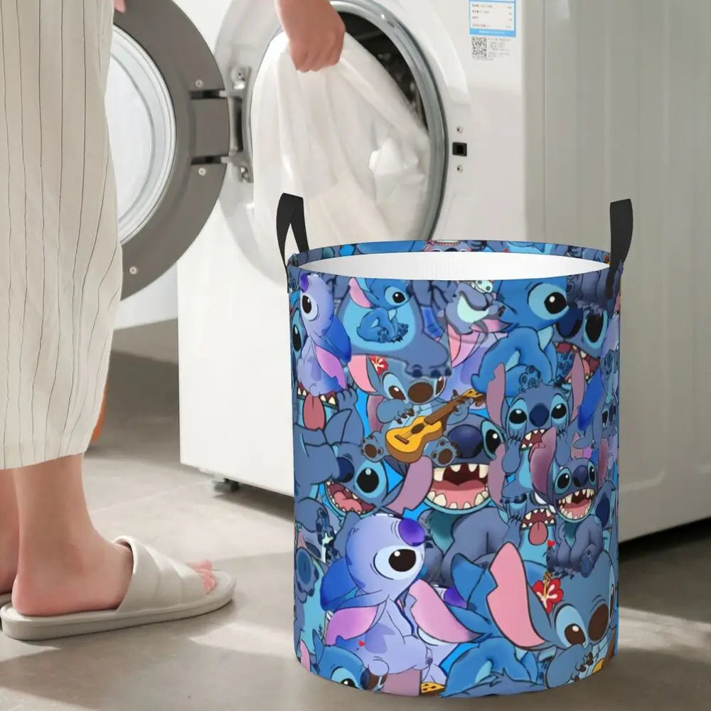 Custom Stitch Kiss Angel Love Heart Anime Laundry Hamper Large Clothes Storage Basket Toy Bin Organizer for Boy Girl