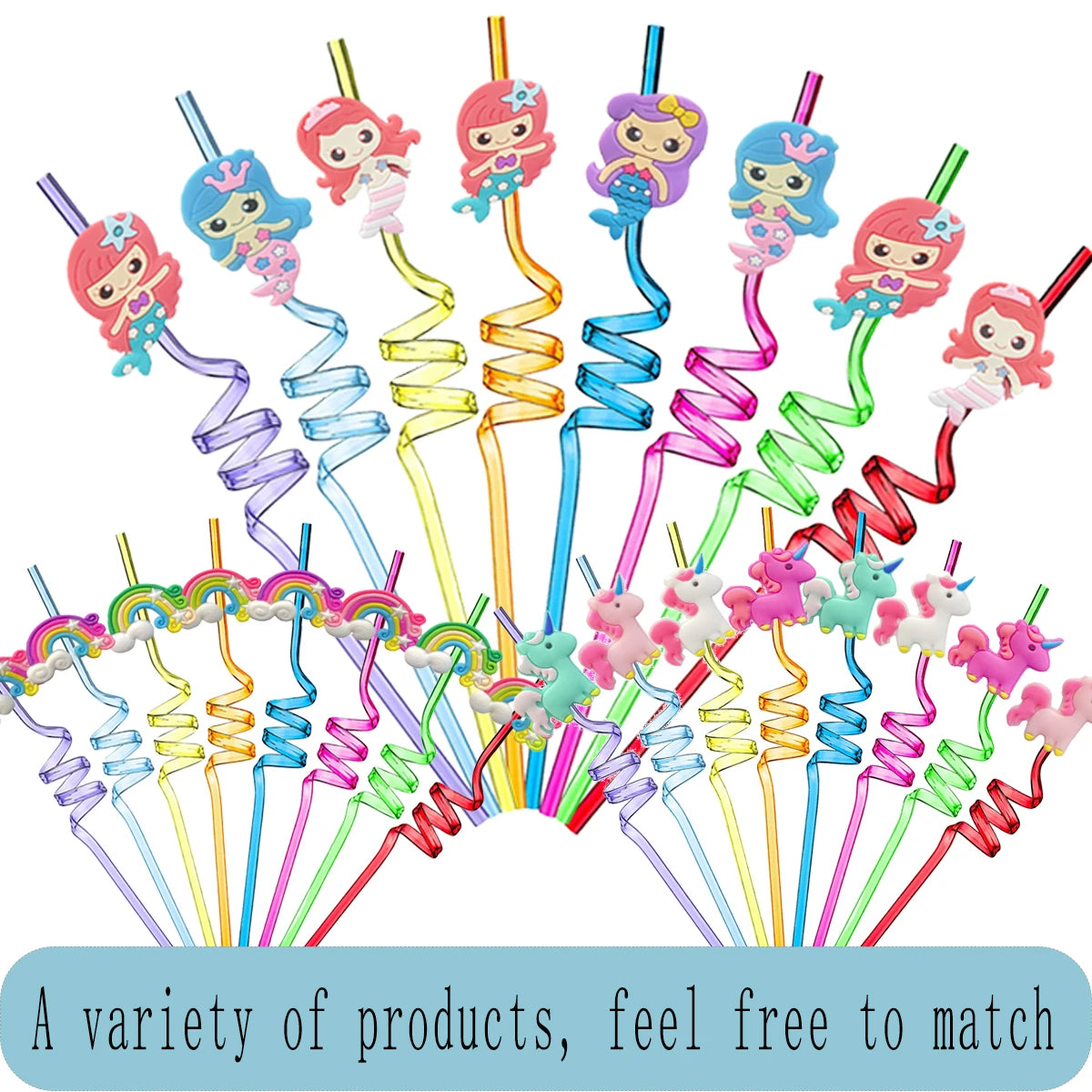 8-24PCS Curly Colored Reusable Children's Straws, Mermaid, Rainbow, Little Mary Straws For Princess Birthday Party Decorations