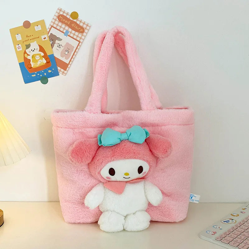 MINISO 2024 New Cartoon Plush Doll Shoulder Bag Sweet and Cute Stitch Strawberry Bear Soft Cute Girls Handbag