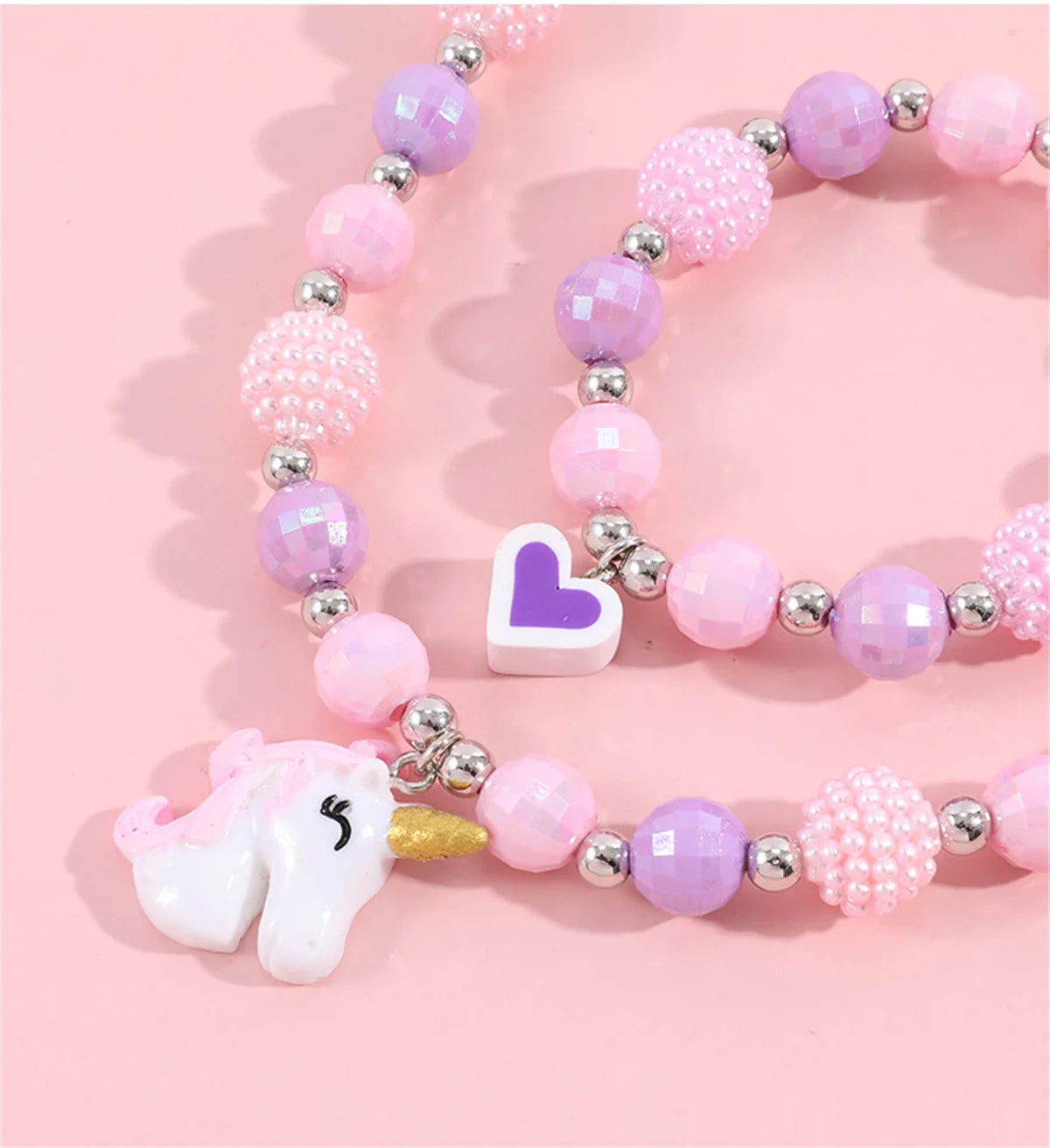 Cute Unicorn Pendant Necklace for Girls Heart Beads Necklace for Children Fashion Jewelry Accessories Birthday Gift