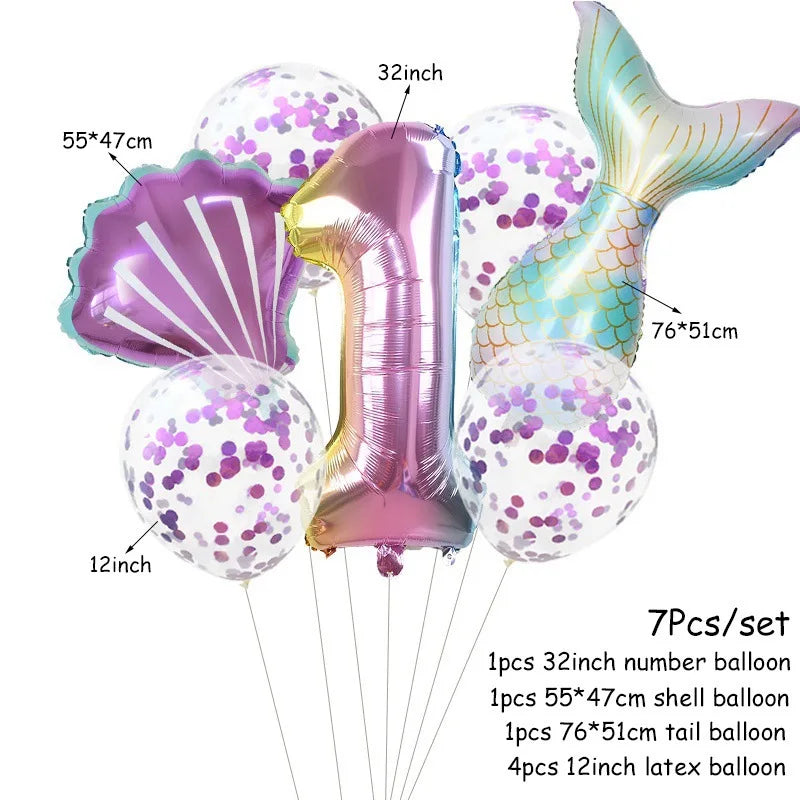 7 Pcs Little Mermaid Shell Balloons 32inch Number Foil Balloon Kids Birthday Party Decoration Supplies Baby Shower Decor Globos