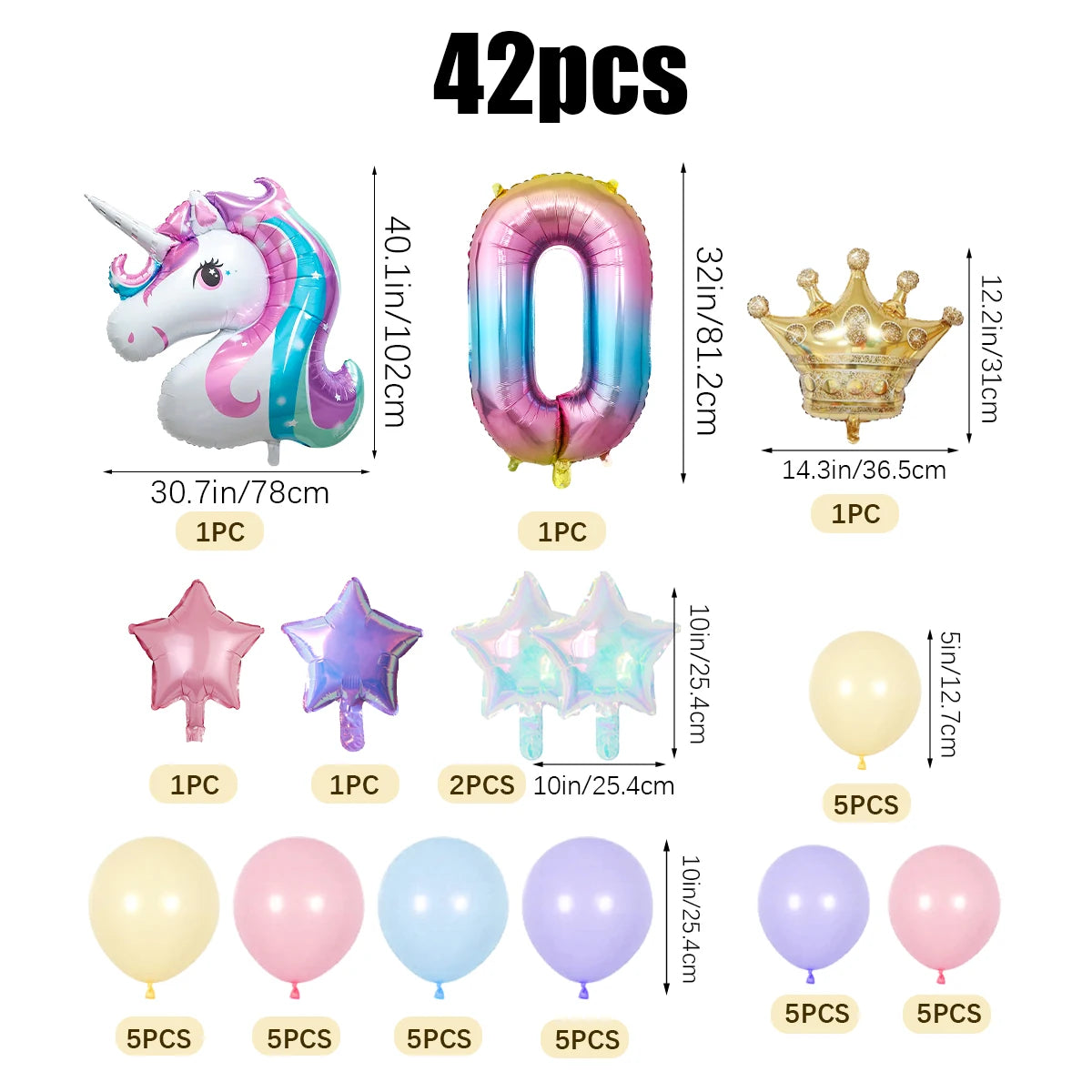 42pcs Unicorn Rainbow Color Numbers 0-9 Mini Crown Aluminum Film Balloon Set Girls Unicorn Theme Birthday Party Decorations