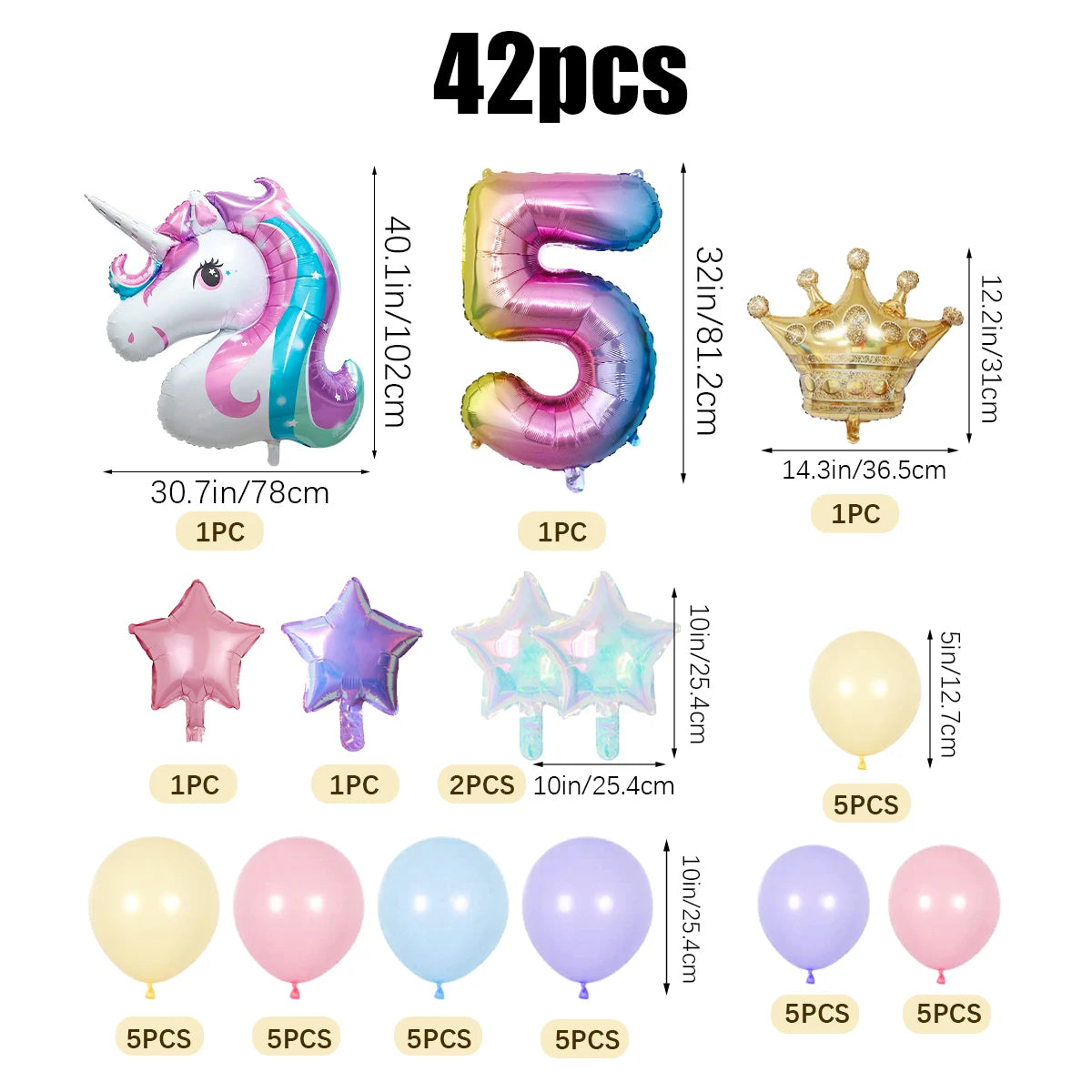 42pcs Unicorn Rainbow Color Numbers 0-9 Mini Crown Aluminum Film Balloon Set Girls Unicorn Theme Birthday Party Decorations