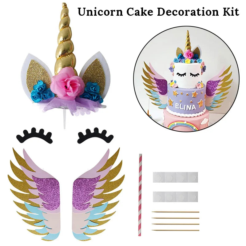 Unicorn Cake Toppers Rainbow Unicorn Horn Wings Girl Birthday Party DIY Decoration Cupcake Wrapper Unicorn Theme Party Supplies