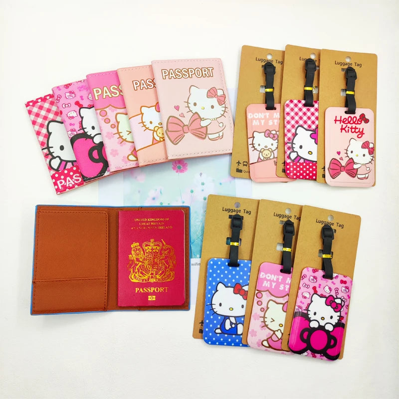 1Set Hello Kitty Passport Cover and Luggage Tags Travel Passport Holder Baggage Tag Girls Business ID Card Holder Luggage Label