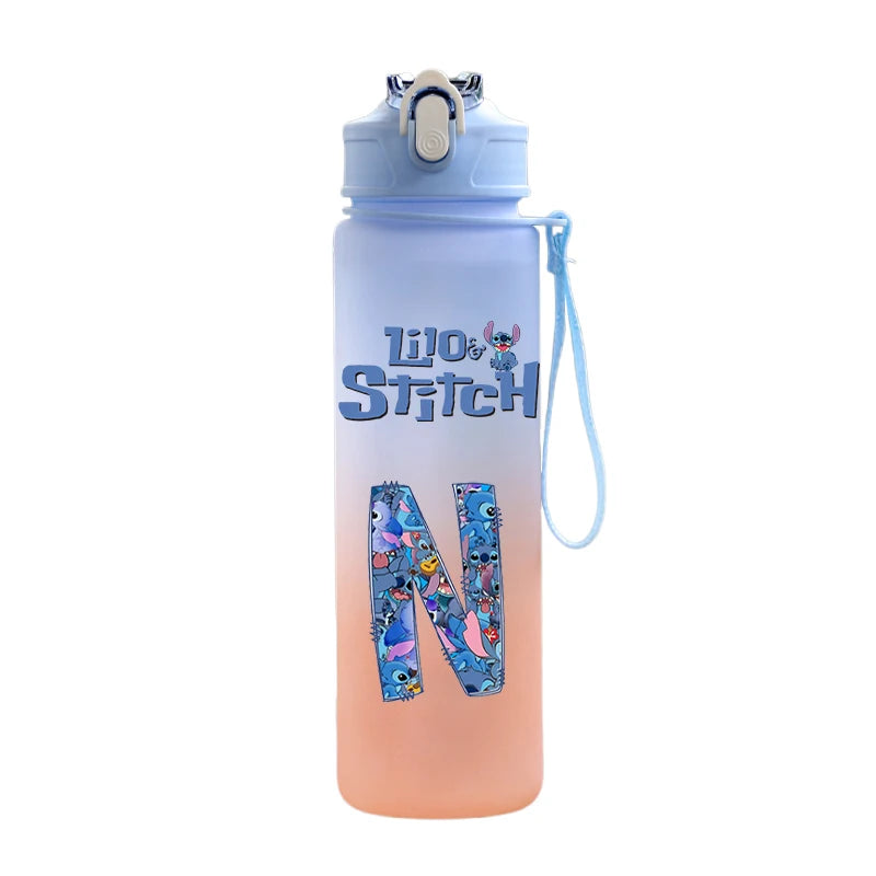 750ml Letter A-Z Printed Lilo Stitch Water Bottle Anime Large Capacity Drinking Cup Portable Outdoor Sports Water Cup kid Gift
