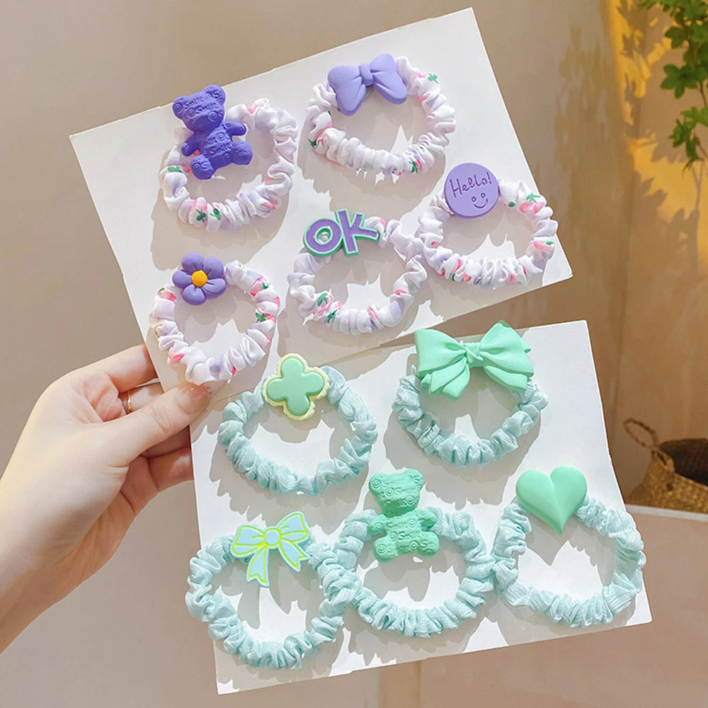 5pcs/Set Cartoon Bear Bowkont Heart Charms Scrunchies Candy Color Satin Hair Ties Ponytail Holder Hair Ropes Kid Girls Headwear