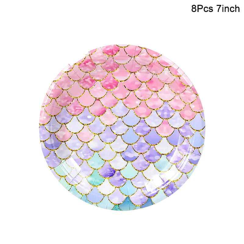 Mermaid Disposable Tableware Set Little Mermaid Paper Plates Cup Tablecloth Kids Girl Mermaid Birthday Party Decoration Supplies