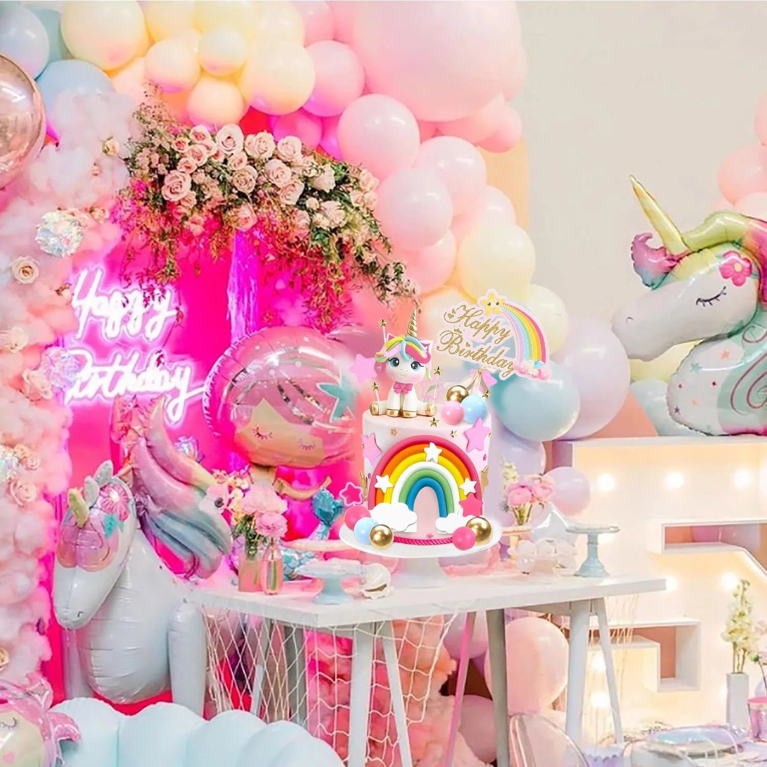 Unicorn Cake Topper Rainbow Cake Decorations with Stars Unicorn Balls Happy Birthday Cake Decorations for Ages Baby Shower