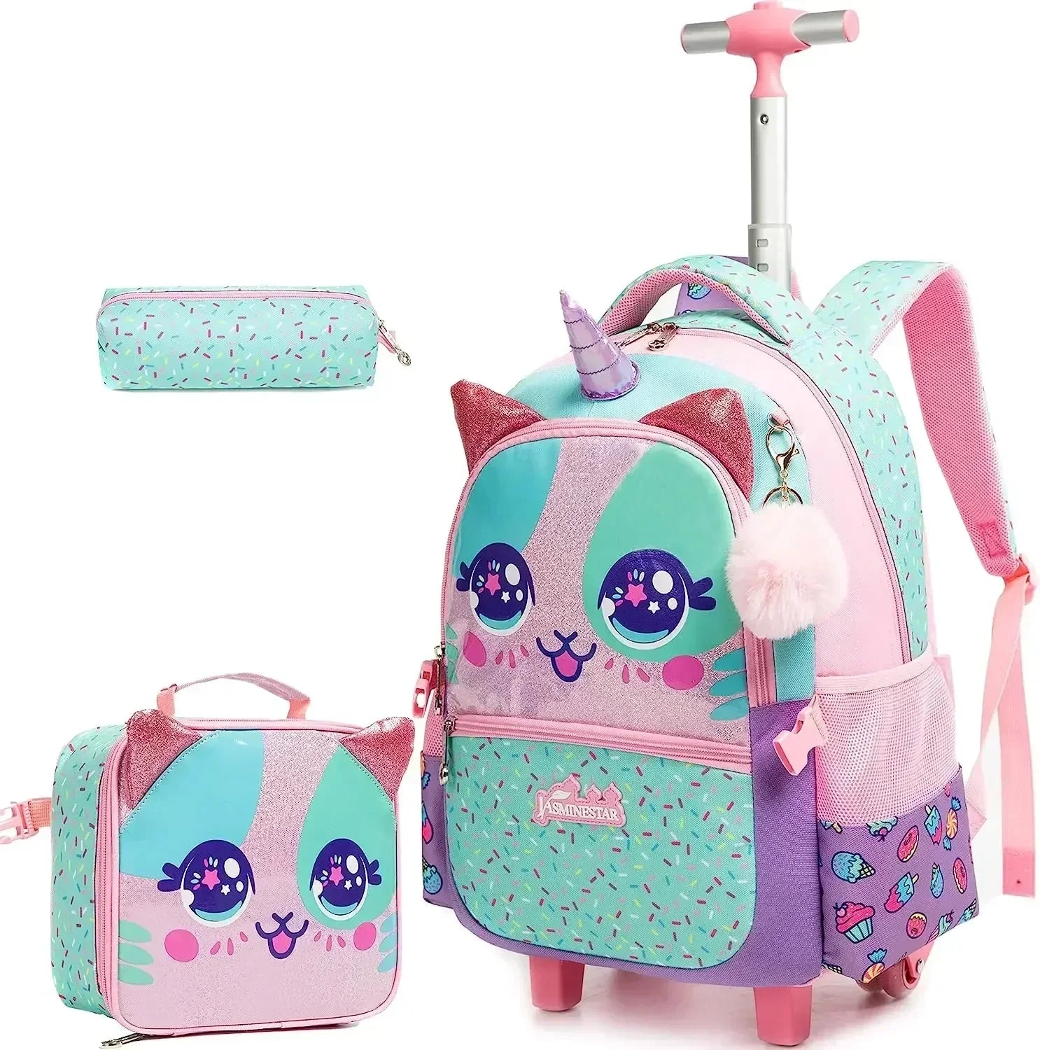 3PCS Cute Rolling Backpack for Girls Backpacks with Wheels for Elementary Students Kids 3 in 1 Travel Luggage Carry on Suitcase