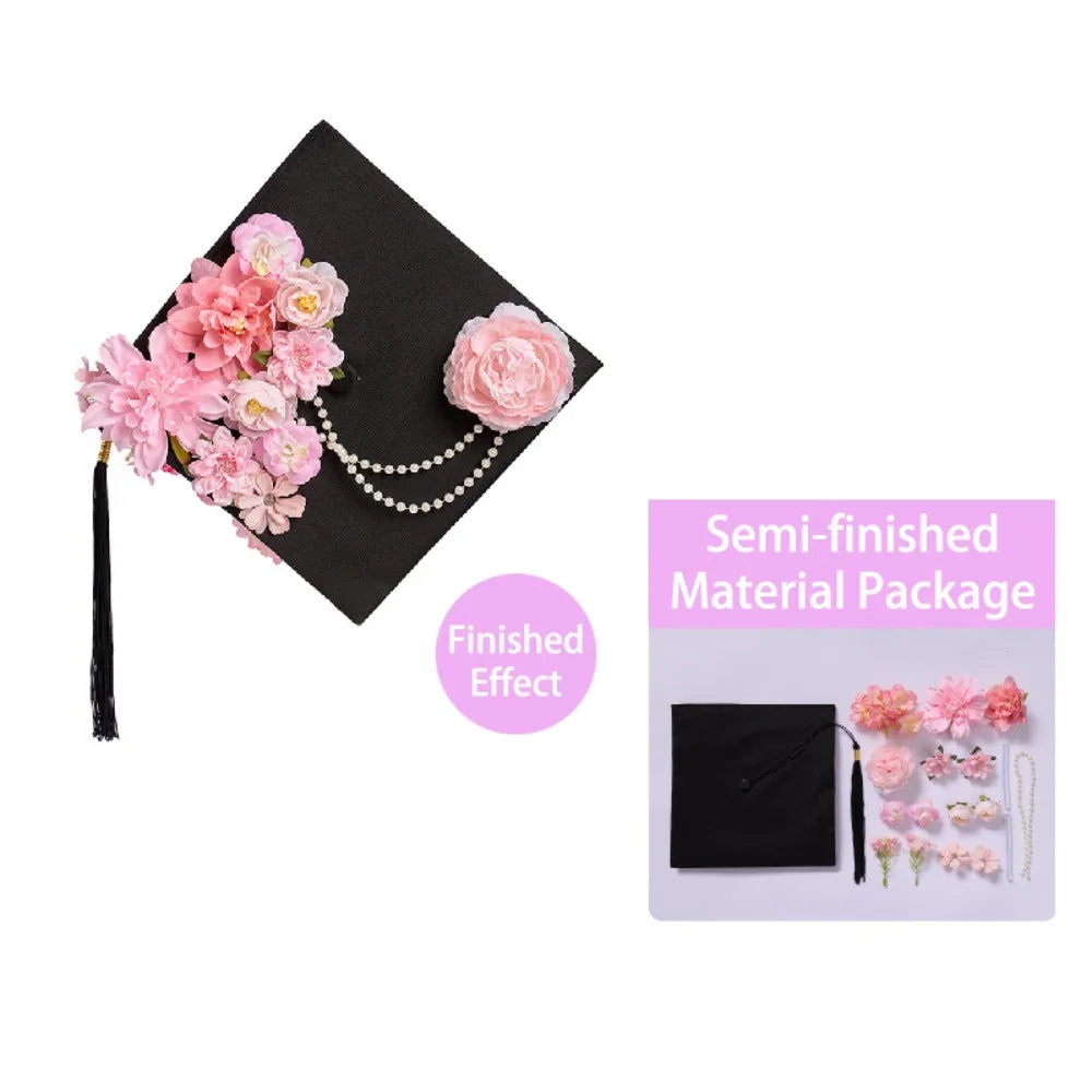 Trencher Cap DIY Flowers Graduation Cap Mortar Board Adjustable Kids Academic Hat with Tassels Bachelor Charm Ornament
