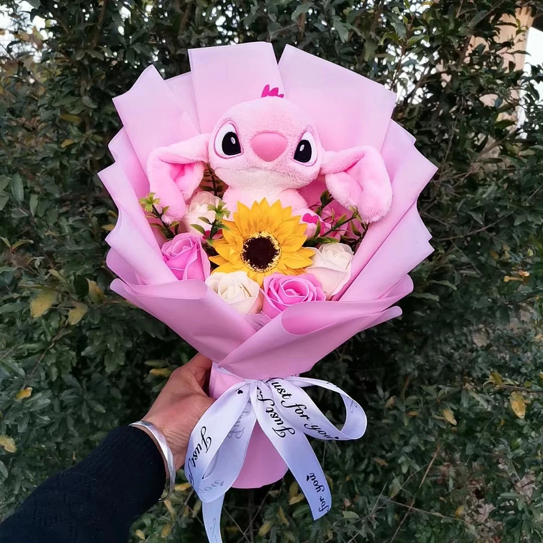 Lilo&Stitch Plush Bouquet Toy Christmas Gift Purple Blue Stuffed Rose Flower Soft Cute Cartoon Doll Valentine Graduation Gifts