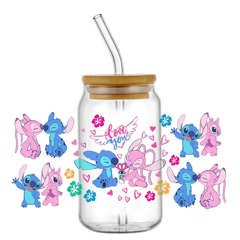 Miniso Stitch 16oz UV DTF Cup Wrap Cartoon Transfers Libbey Wrap Tumbler DIY Logo Sticker Glass Can Selfadhesive Waterproof