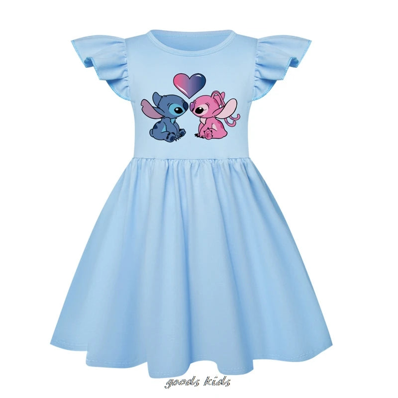 Hot Lilo And Stitch Children's Dress Set Cartoon Cute Girl Dress Flying Sleeve Toddler Dress And Small Bag Birthday Gift