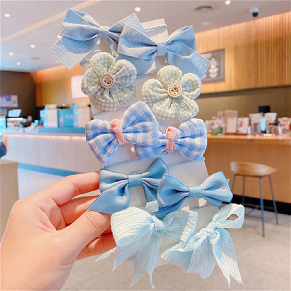 10pcs Cute Flower Hair Ties Set Kids High Elastic Mixed Cloth Plaid Bow Charms Hair Loop For Toddler Girls Princess Headwear