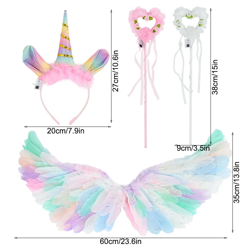 LED Colour Angel Feather Wings Girls Unicorn Halo Headband Fairy Stick Luminous Prop Cosplay Party Costume Glowing Accessories