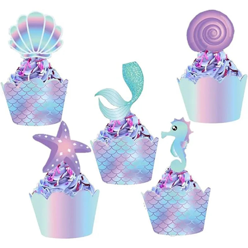 40pcs/set Ocean Theme CupCake Toppers Wrappers Mermaid Sea Star Shell Birthday Party Favor Cake Decor Supply