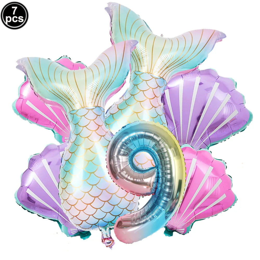 Mermaid Birthday Decorations 7 Pcs Mermaid Foil Balloon Mermaid Tail Balloon Mermaid Decor for 1st-9th Birthday Party Baby Showe