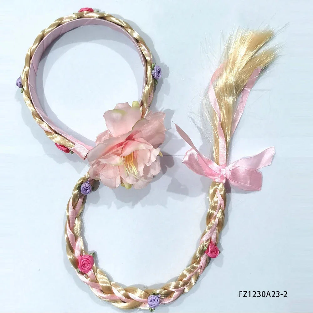 Princess Dress Up Wigs Princess Rapunzel Long Braided Wig Headbands with Flowers Adorn for Girls Costume Accessories