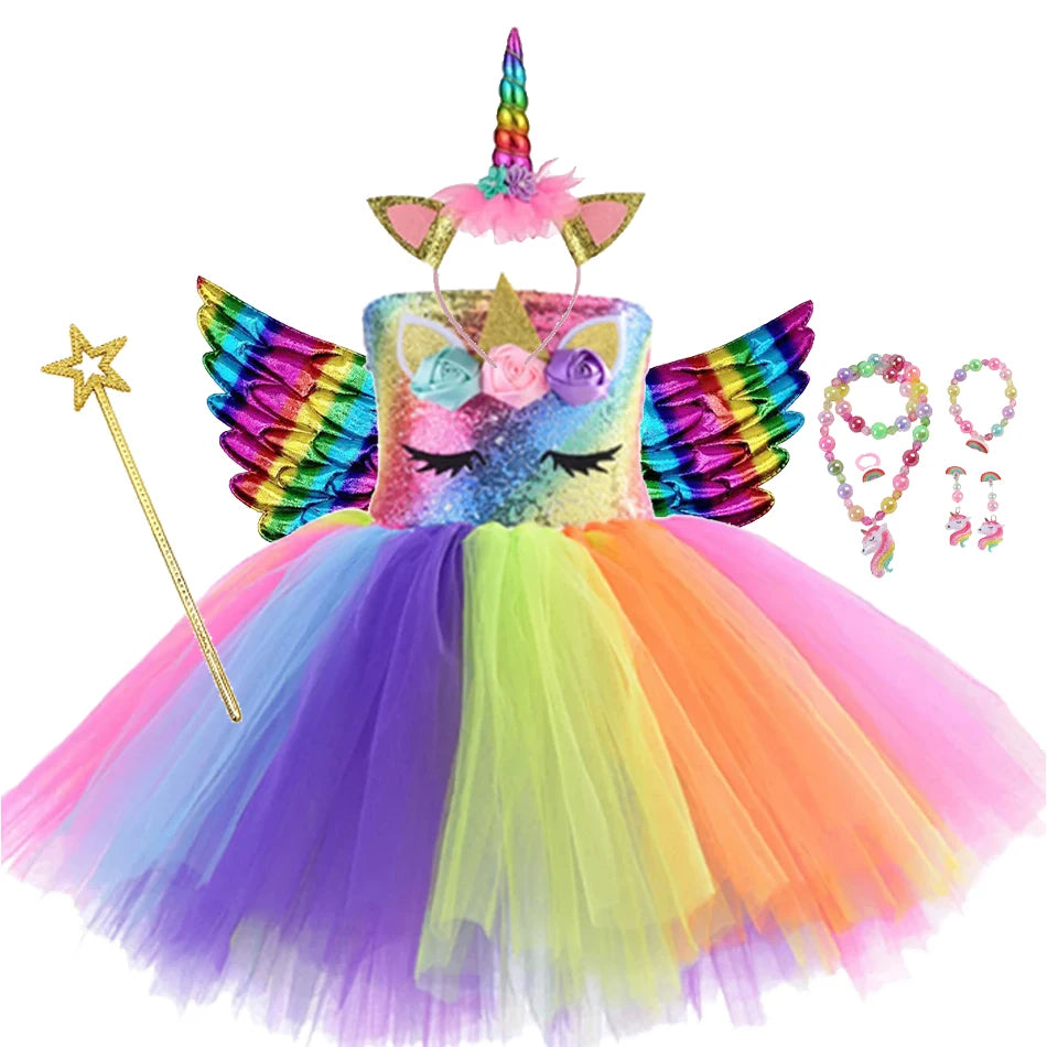 Princess Girls Unicorn Tutu Dress Outfits Pastel Flower Baby Girl Birthday Party Dresses Tulle Kids Halloween Cosplay Costumes