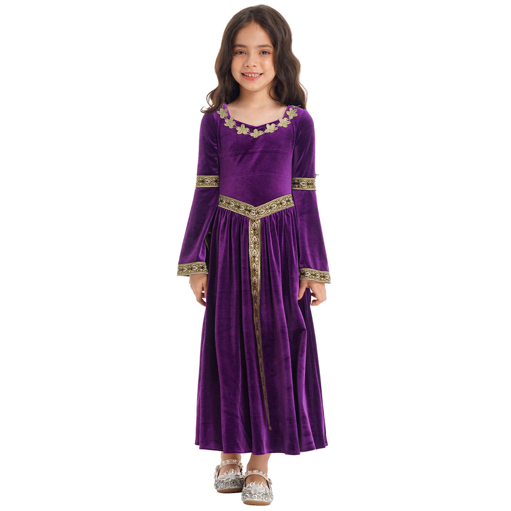 Girls Medieval Renaissance Velvet Dress Princess Queen Cosplay Costume Christmas Xmas Halloween New Year Carnival Party Dress