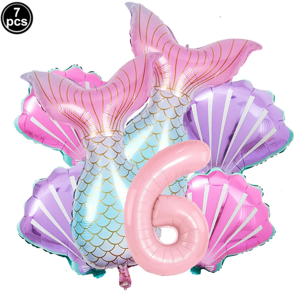 Mermaid Birthday Decorations 7 Pcs Mermaid Foil Balloon Mermaid Tail Balloon Mermaid Decor for 1st-9th Birthday Party Baby Showe