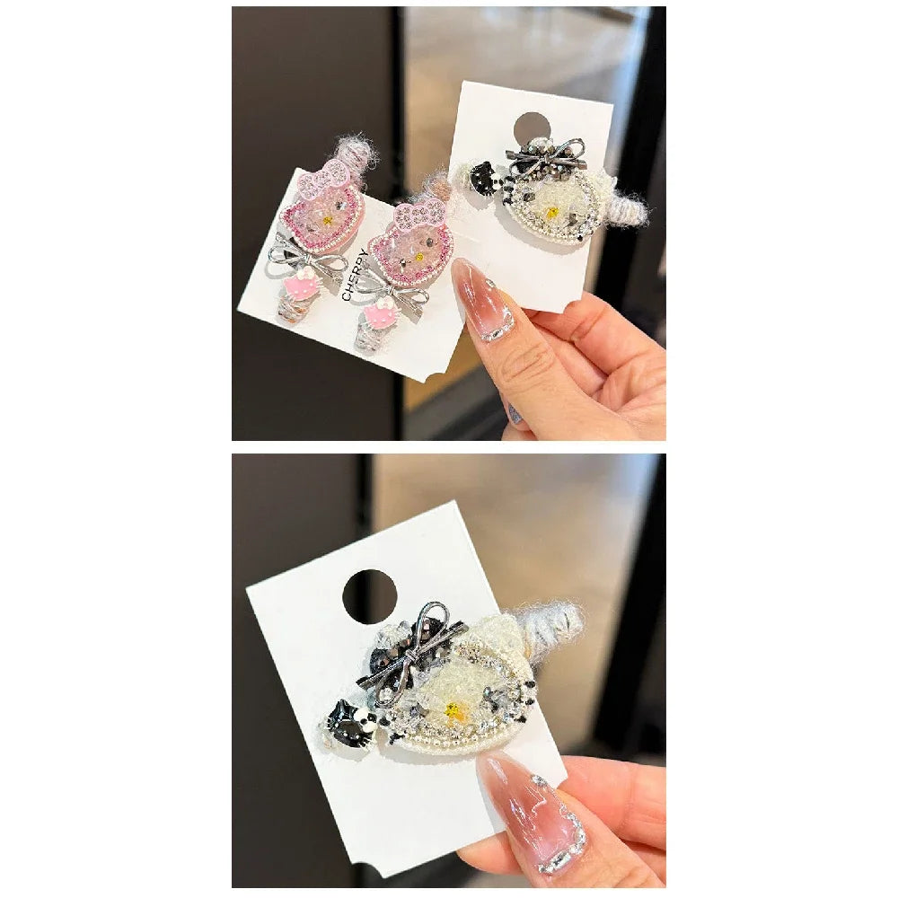 Sanrio Hello Kitty Girls Hair Clip Fashion Cartoon KT Cat Women Rhinestone Bow Hairpin Charm Girls Hair Accessories Gifts