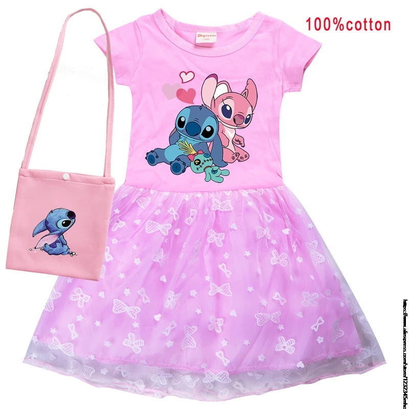 Hot Lilo And Stitch Girls Children Spring Summer Tutu Stitch Dress +Bag Kids Princess Girls Birthday Party Dress Costume