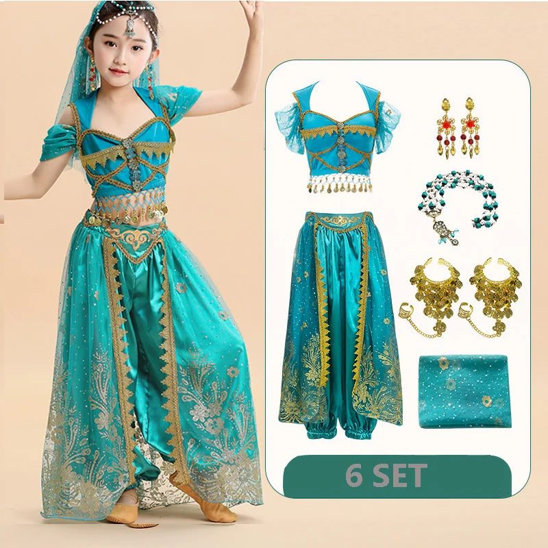  Kids India Princess Belly Dance Set Oriental Indian Dance Sari Girl Performance Costume Bollywood Children Stage Outfit